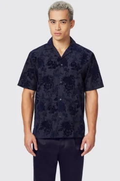 Albon Navy Floral Flocked Short Sleeve Shirt