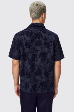 Albon Navy Floral Flocked Short Sleeve Shirt