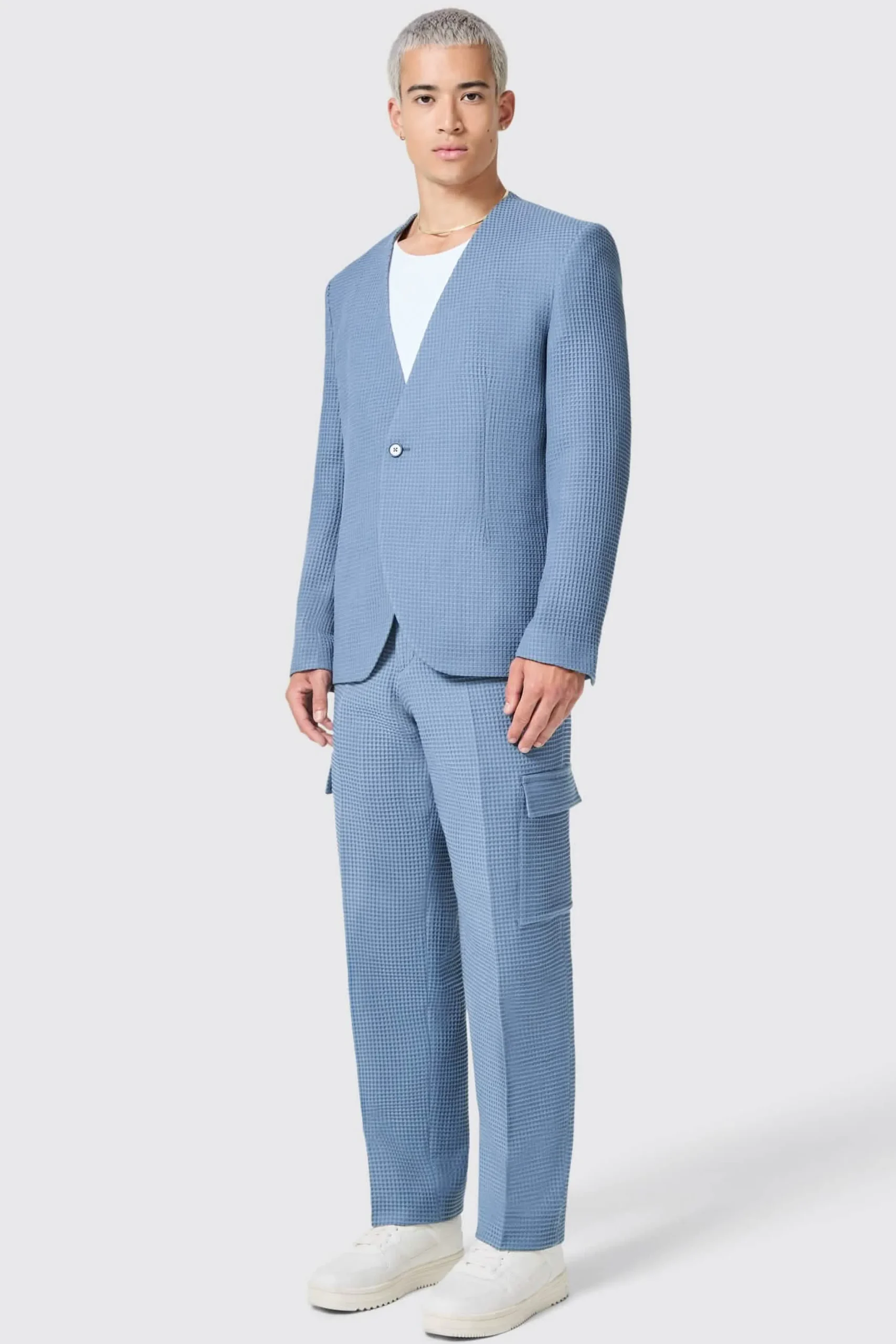 Anthony Oversized Blue Waffle Knit Cotton Jacket