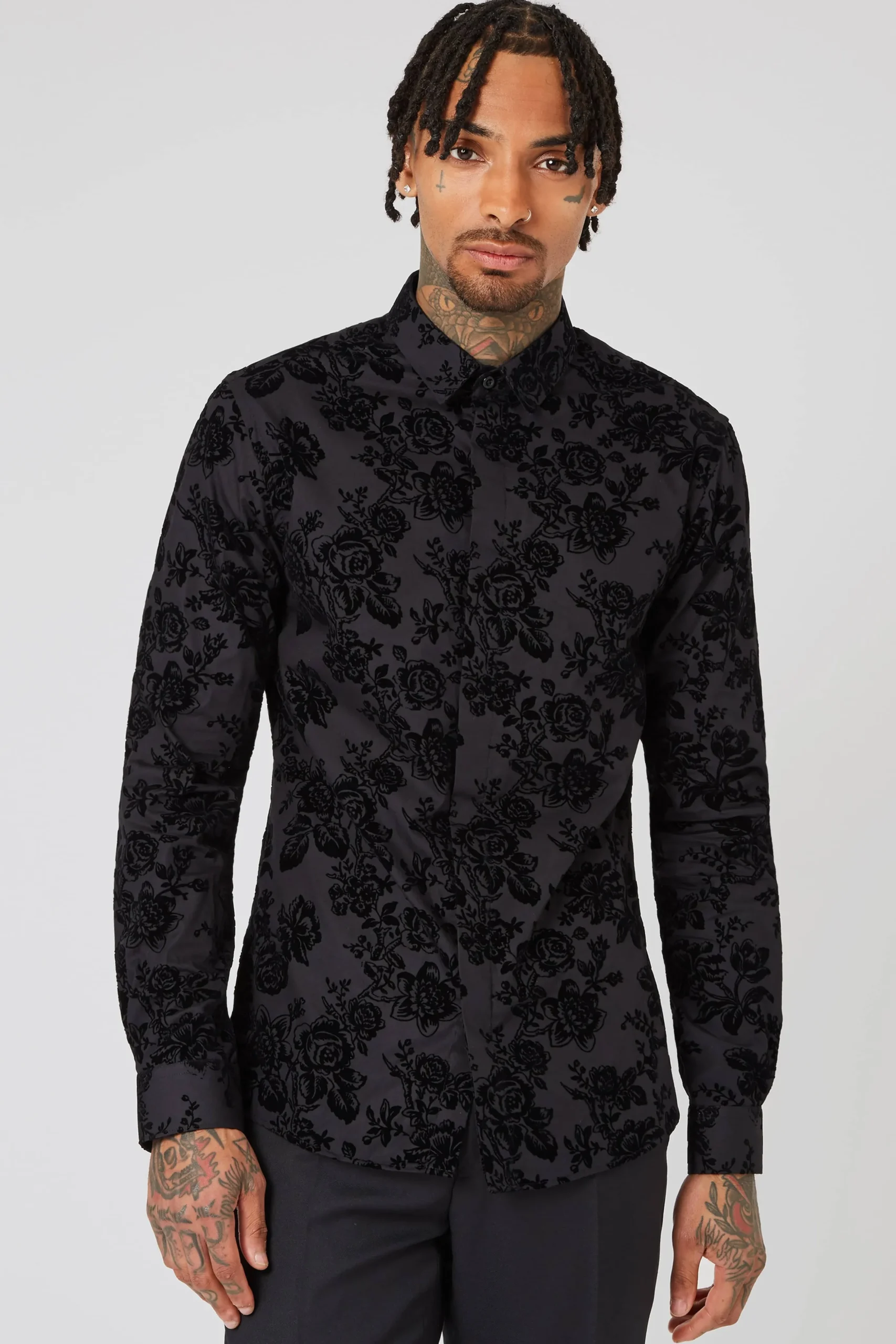 Armada Skinny Fit Black Floral Flocked Cotton Shirt