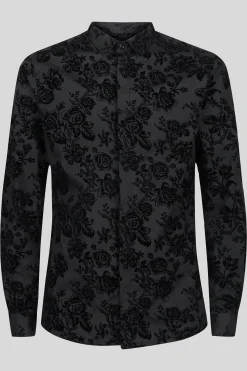 Armada Skinny Fit Black Floral Flocked Cotton Shirt