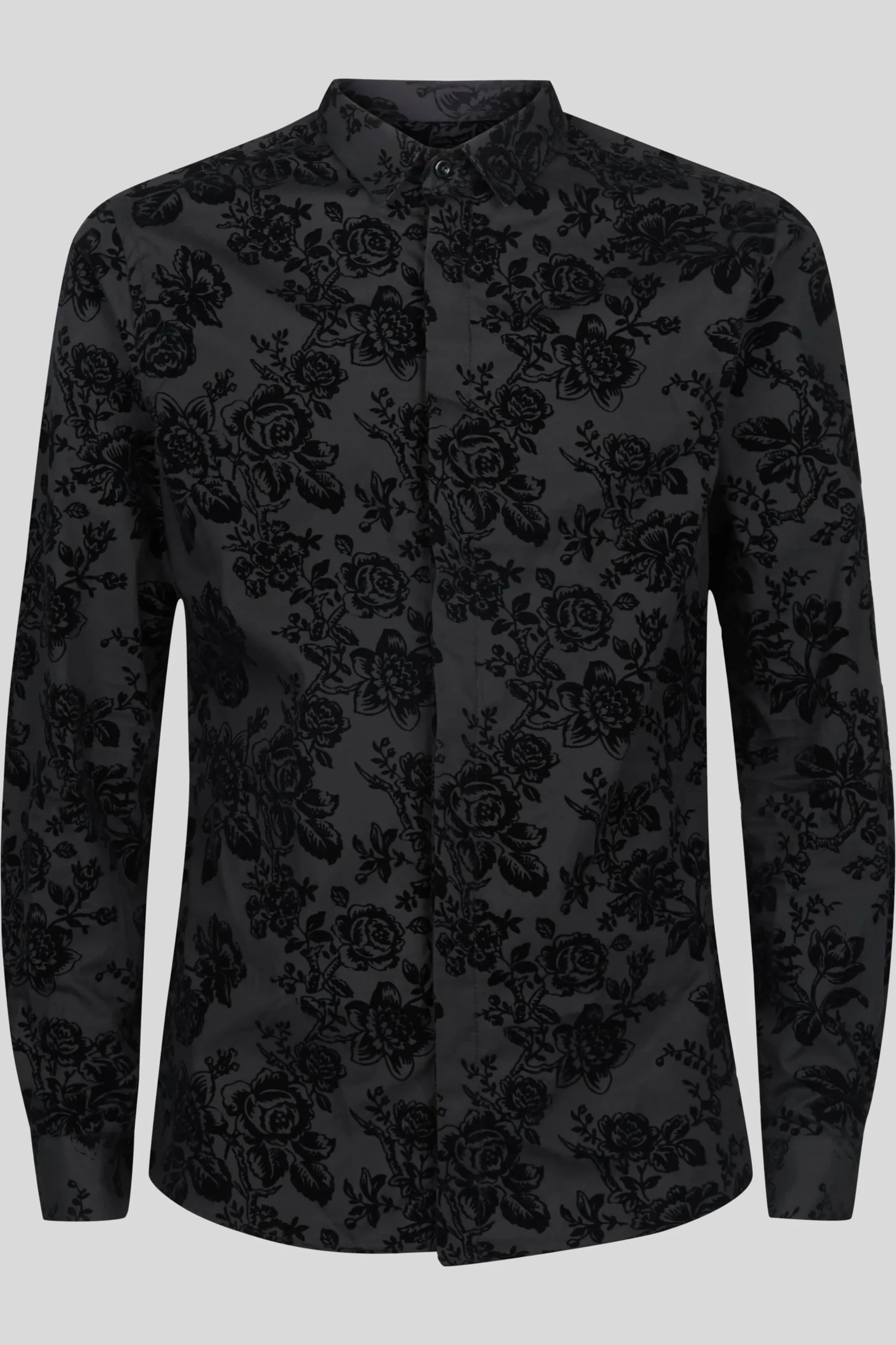 Armada Skinny Fit Black Floral Flocked Cotton Shirt