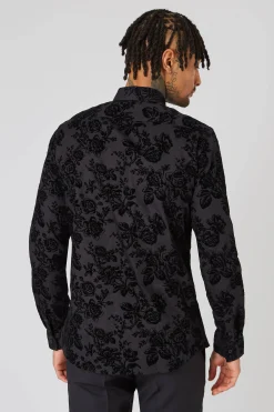 Armada Skinny Fit Black Floral Flocked Cotton Shirt