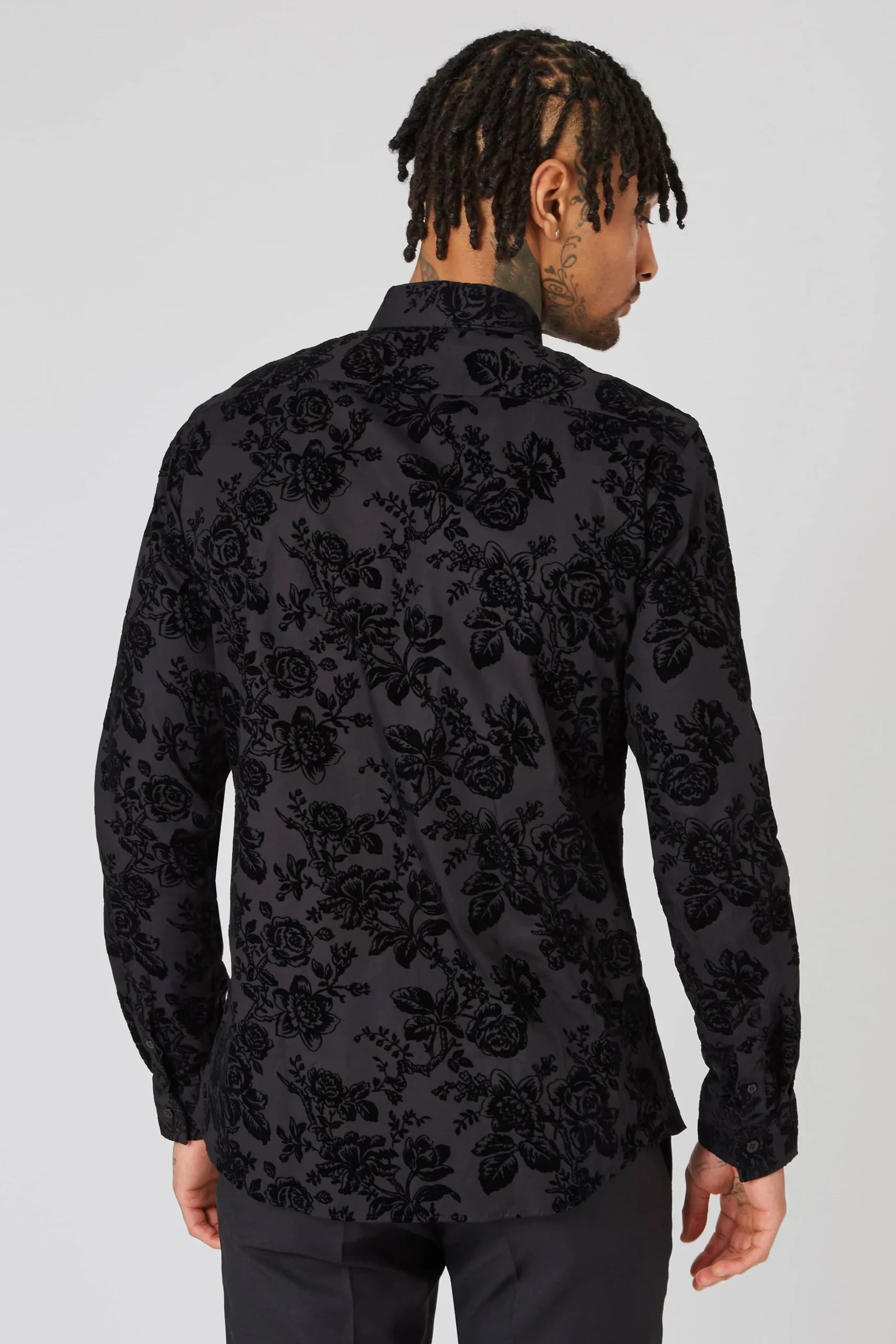 Armada Skinny Fit Black Floral Flocked Cotton Shirt