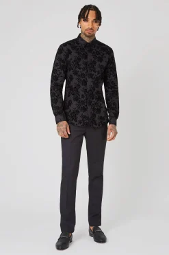 Armada Skinny Fit Black Floral Flocked Cotton Shirt