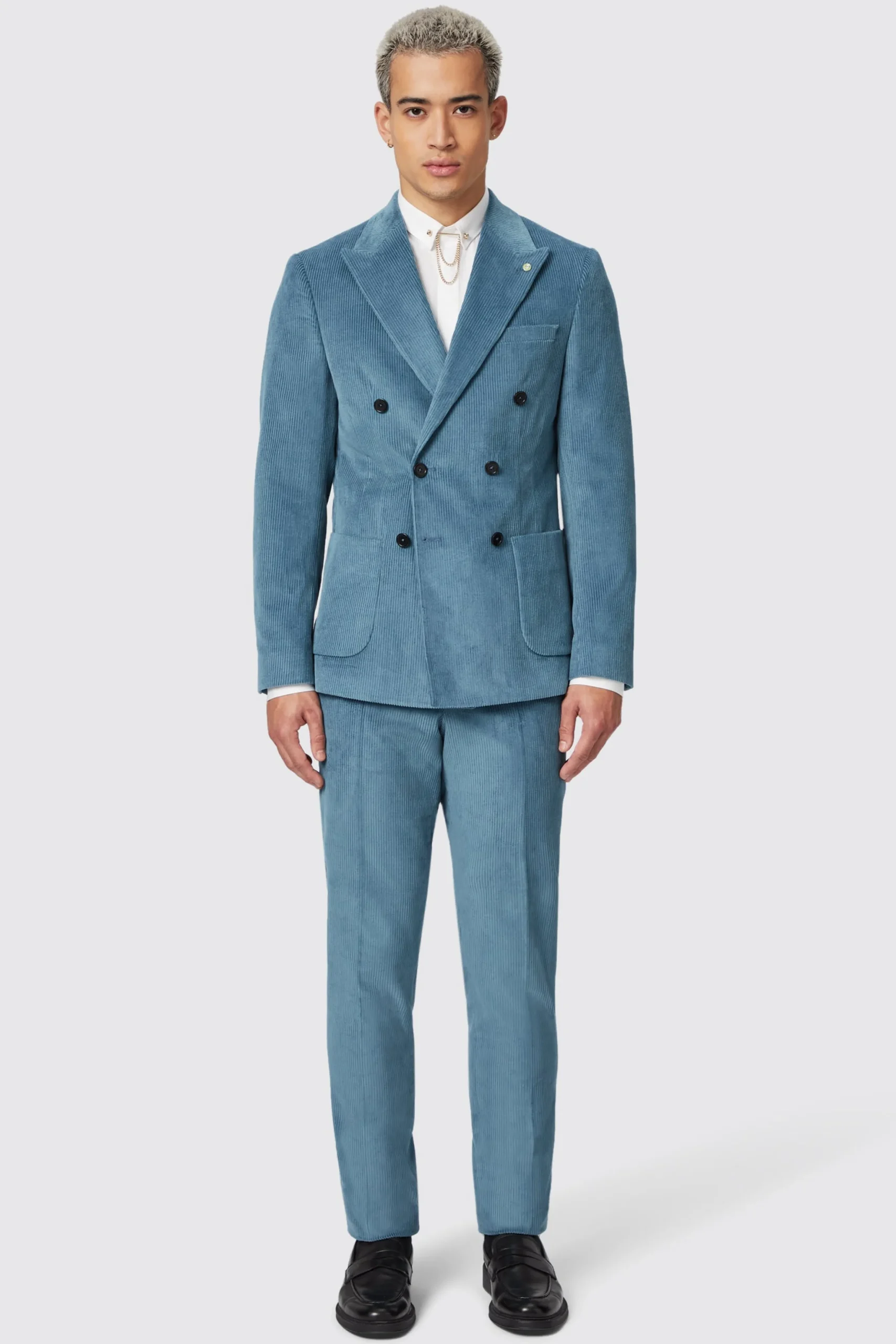 Aston Slim Fit Blue Corduroy Double Breasted Suit