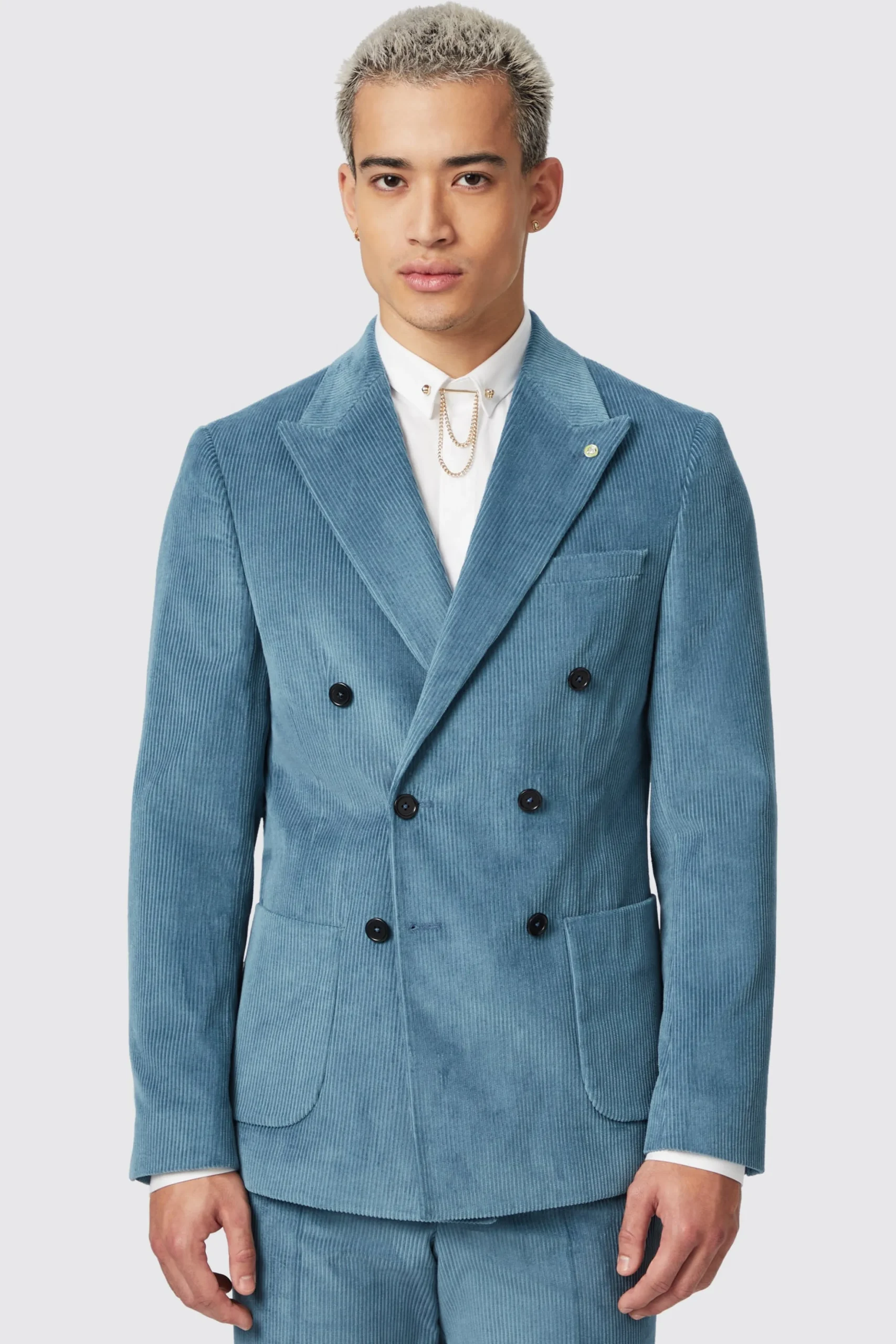 Aston Slim Fit Blue Corduroy Double Breasted Suit