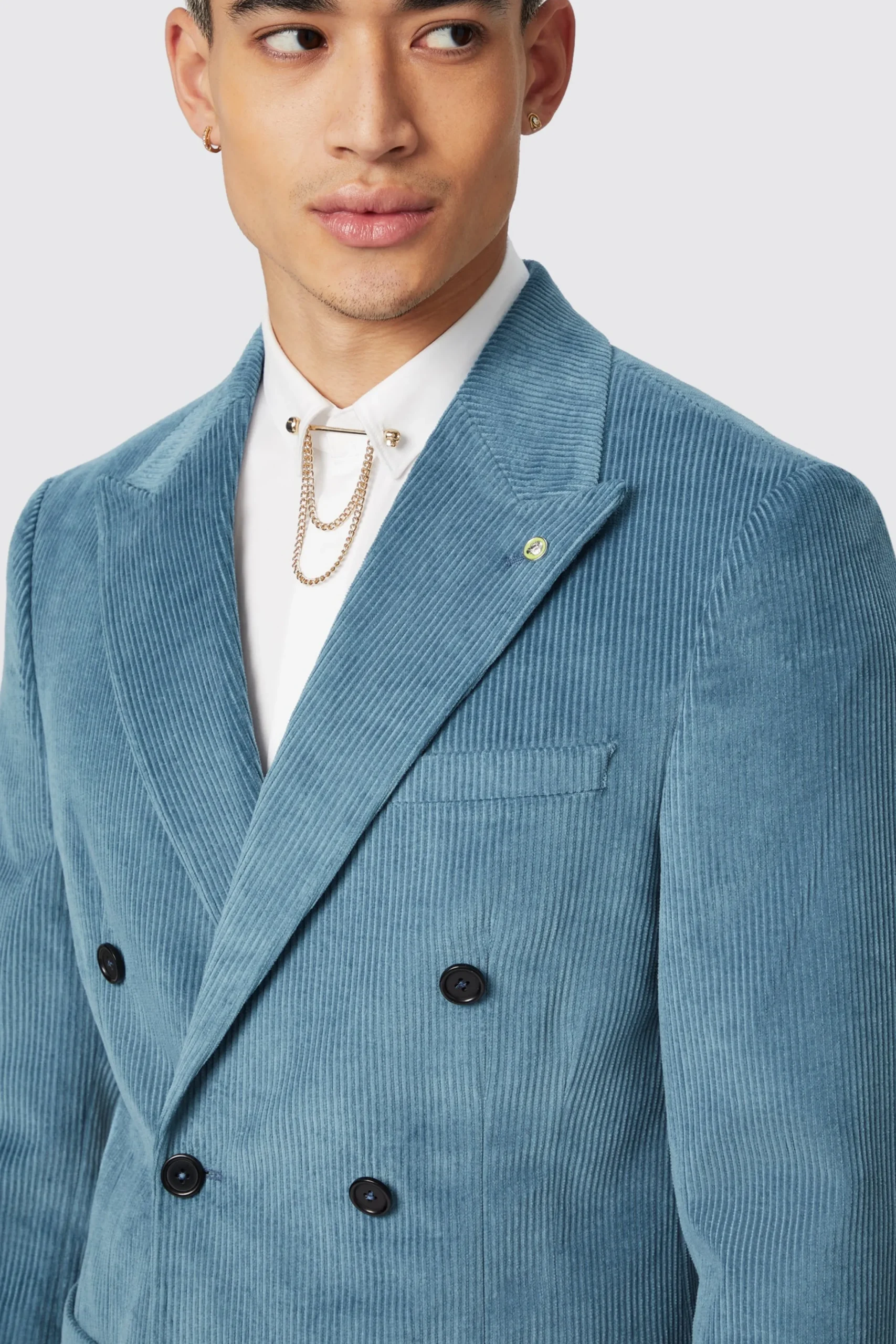 Aston Slim Fit Blue Corduroy Double Breasted Suit