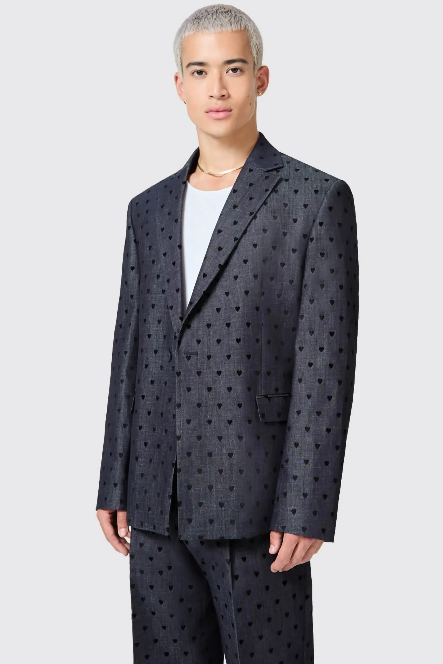 Blugi Slim Fit Blue Denim Heart Flocked Cotton Jacket