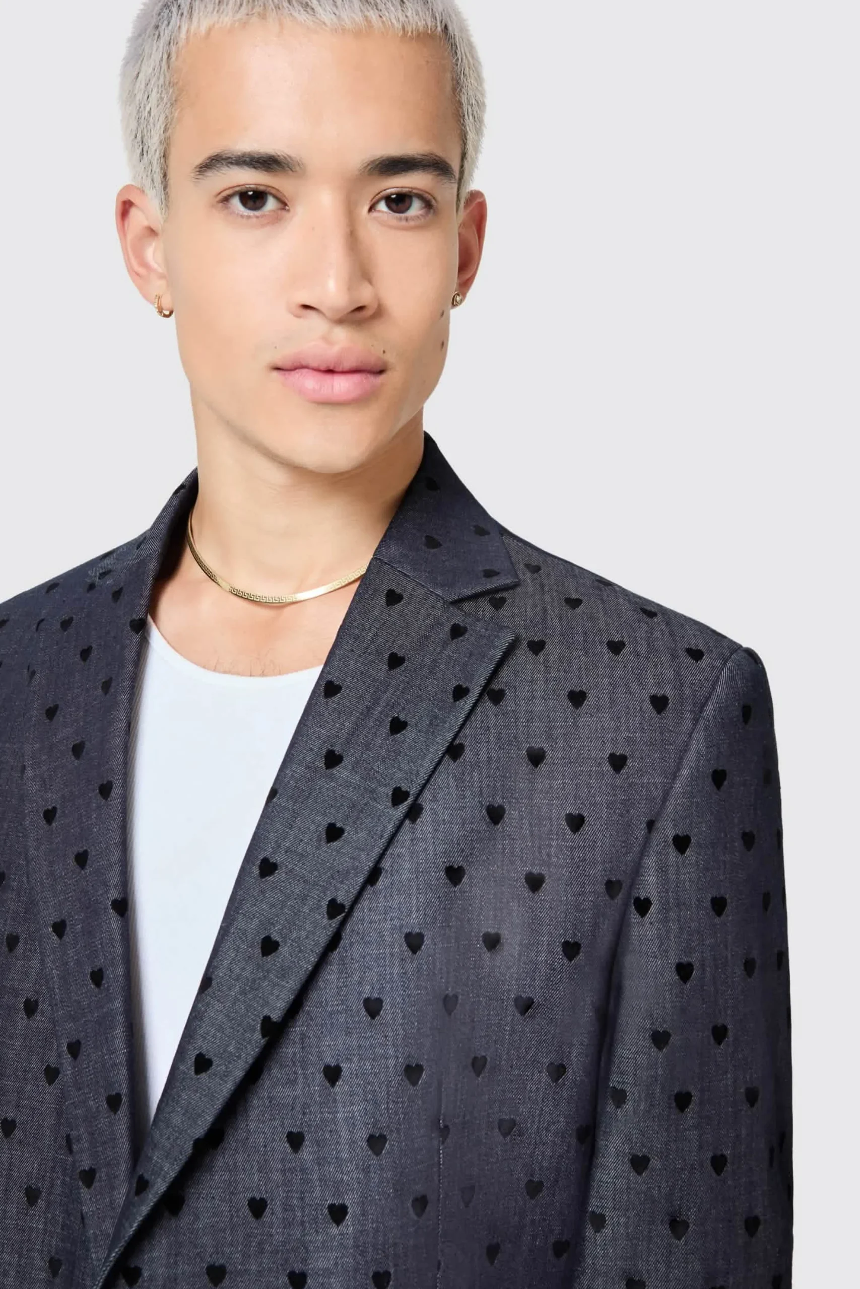 Blugi Slim Fit Blue Denim Heart Flocked Cotton Jacket