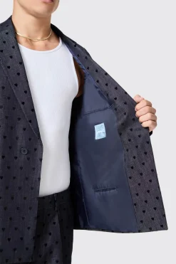 Blugi Slim Fit Blue Denim Heart Flocked Cotton Suit