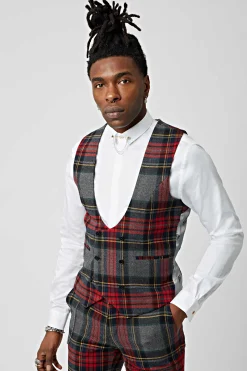Cardosi Skinny Fit Red Tartan Wool Waistcoat