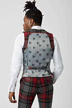 Cardosi Skinny Fit Red Tartan Wool Waistcoat