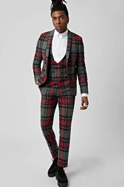 Cardosi Skinny Fit Red Tartan Wool Waistcoat