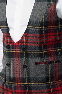 Cardosi Skinny Fit Red Tartan Wool Waistcoat