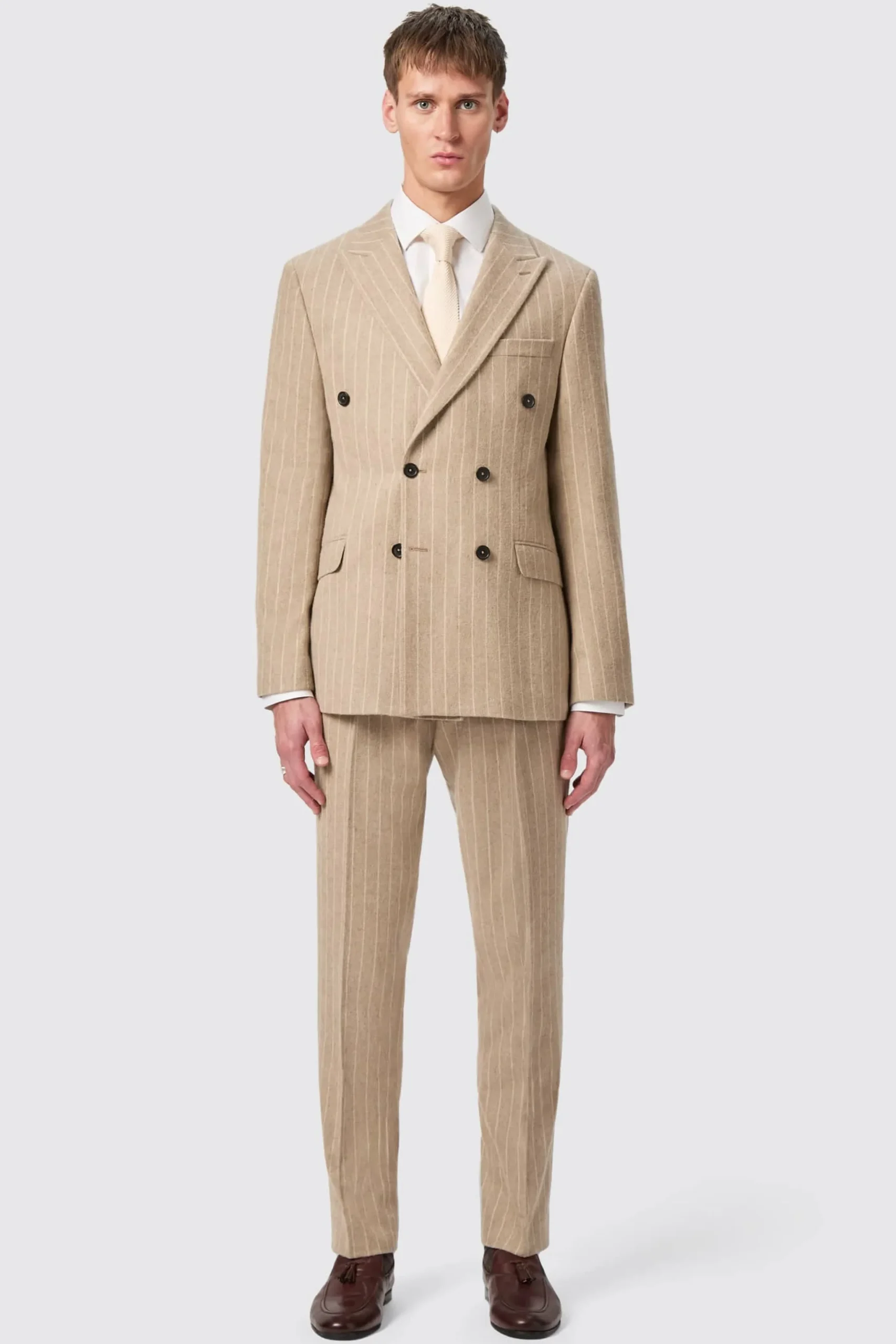Cornwall Slim Fit Beige Pinstripe Double Breasted Suit