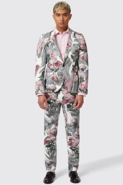 Dali Skinny Fit White Cotton Floral Suit