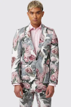 Dali Skinny Fit White Cotton Floral Suit