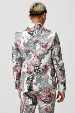Dali Skinny Fit White Cotton Floral Suit