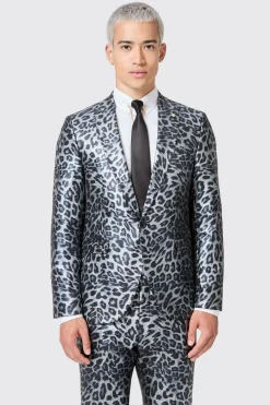 Devries Slim Fit Silver Leopard Print Tuxedo Jacket