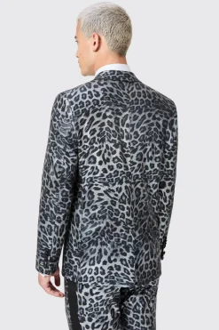 Devries Slim Fit Silver Leopard Print Tuxedo Jacket