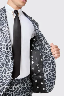 Devries Slim Fit Silver Leopard Print Tuxedo Jacket