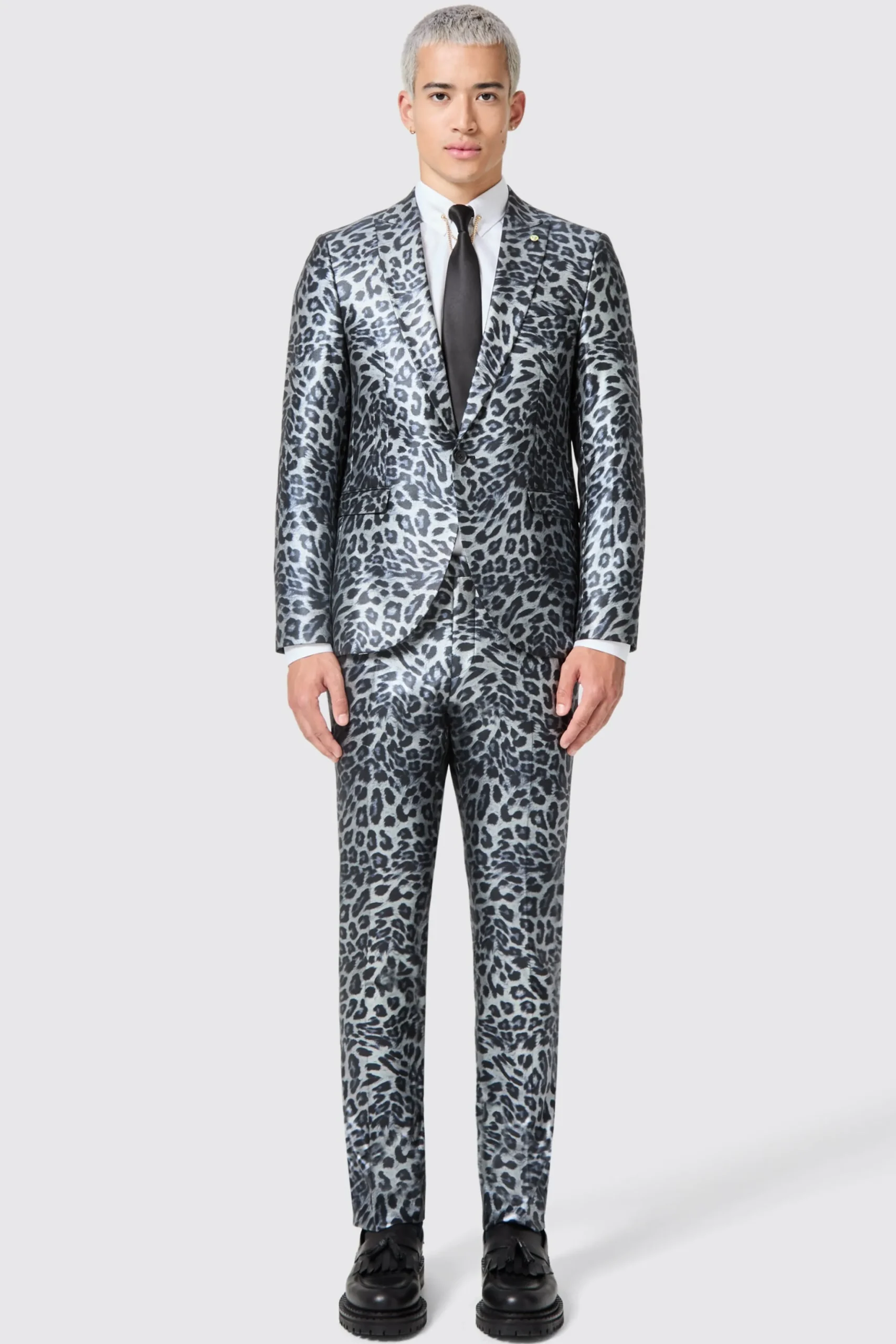 Devries Slim Fit Silver Leopard Print Tuxedo Trousers