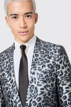Devries Slim Fit Silver Leopard Print Tuxedo Suit