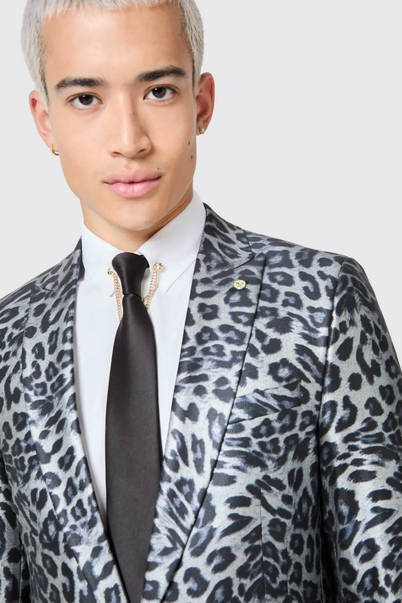 Devries Slim Fit Silver Leopard Print Tuxedo Suit