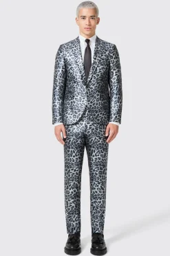 Devries Slim Fit Silver Leopard Print Tuxedo Jacket