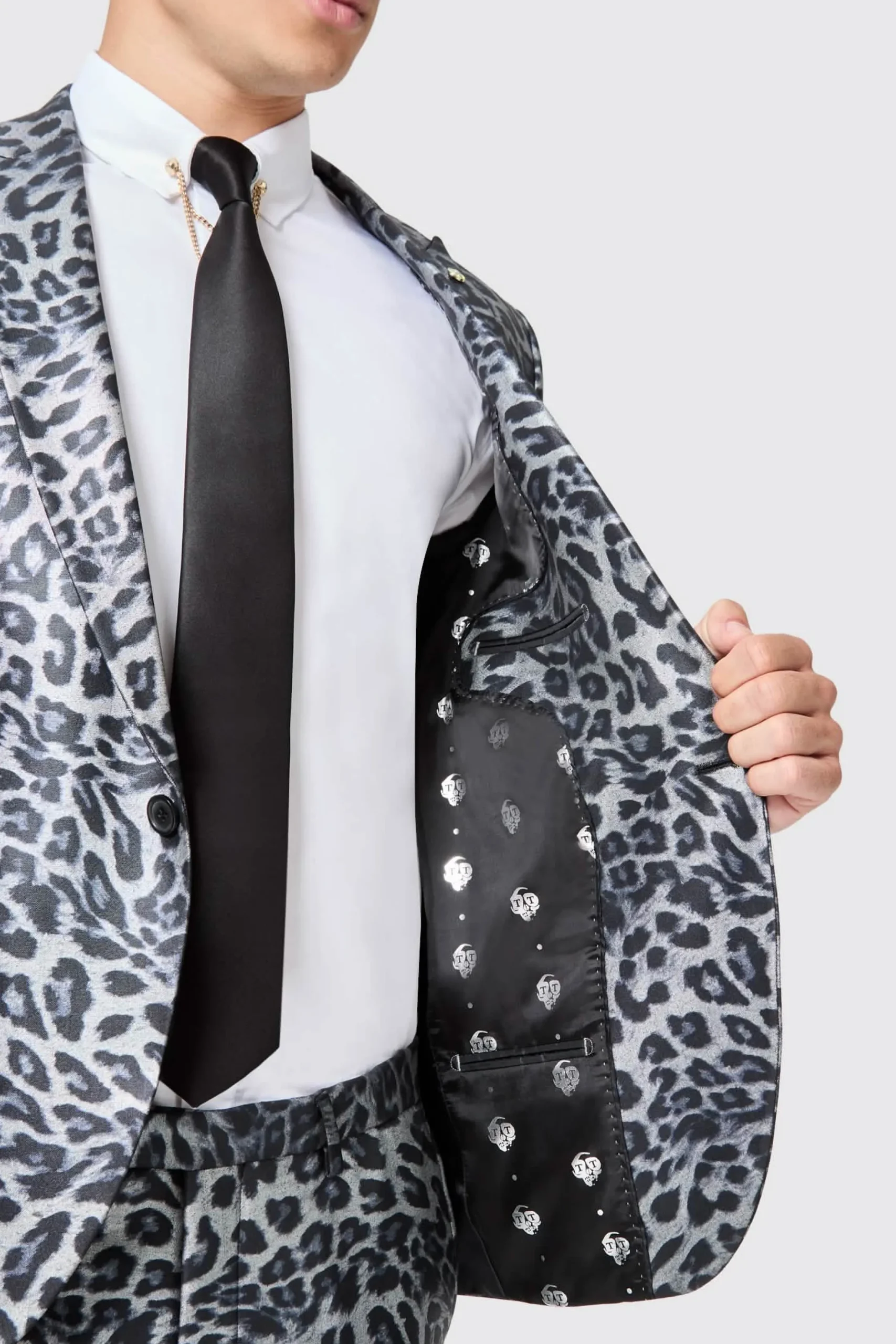 Devries Slim Fit Silver Leopard Print Tuxedo Suit