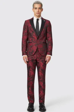 Ersat Skinny Fit Red Floral Jacquard Tuxedo