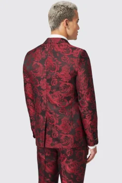 Ersat Skinny Fit Red Floral Jacquard Tuxedo Jacket