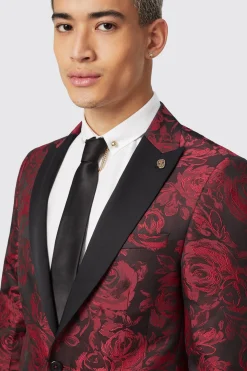 Ersat Skinny Fit Red Floral Jacquard Tuxedo