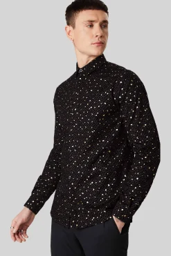 Farrow Black Skinny Fit Shirt With Black And Gold Spot Print