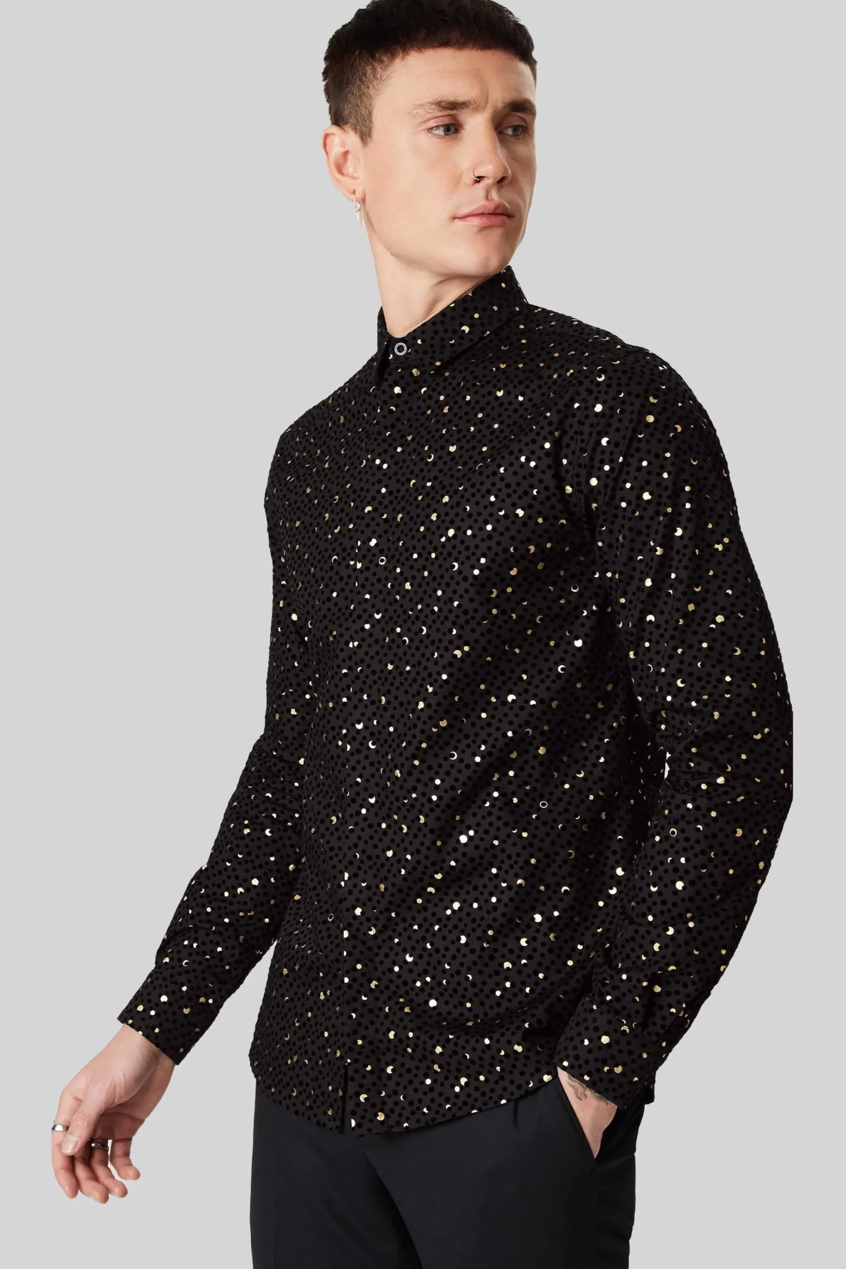 Farrow Black Skinny Fit Shirt With Black And Gold Spot Print
