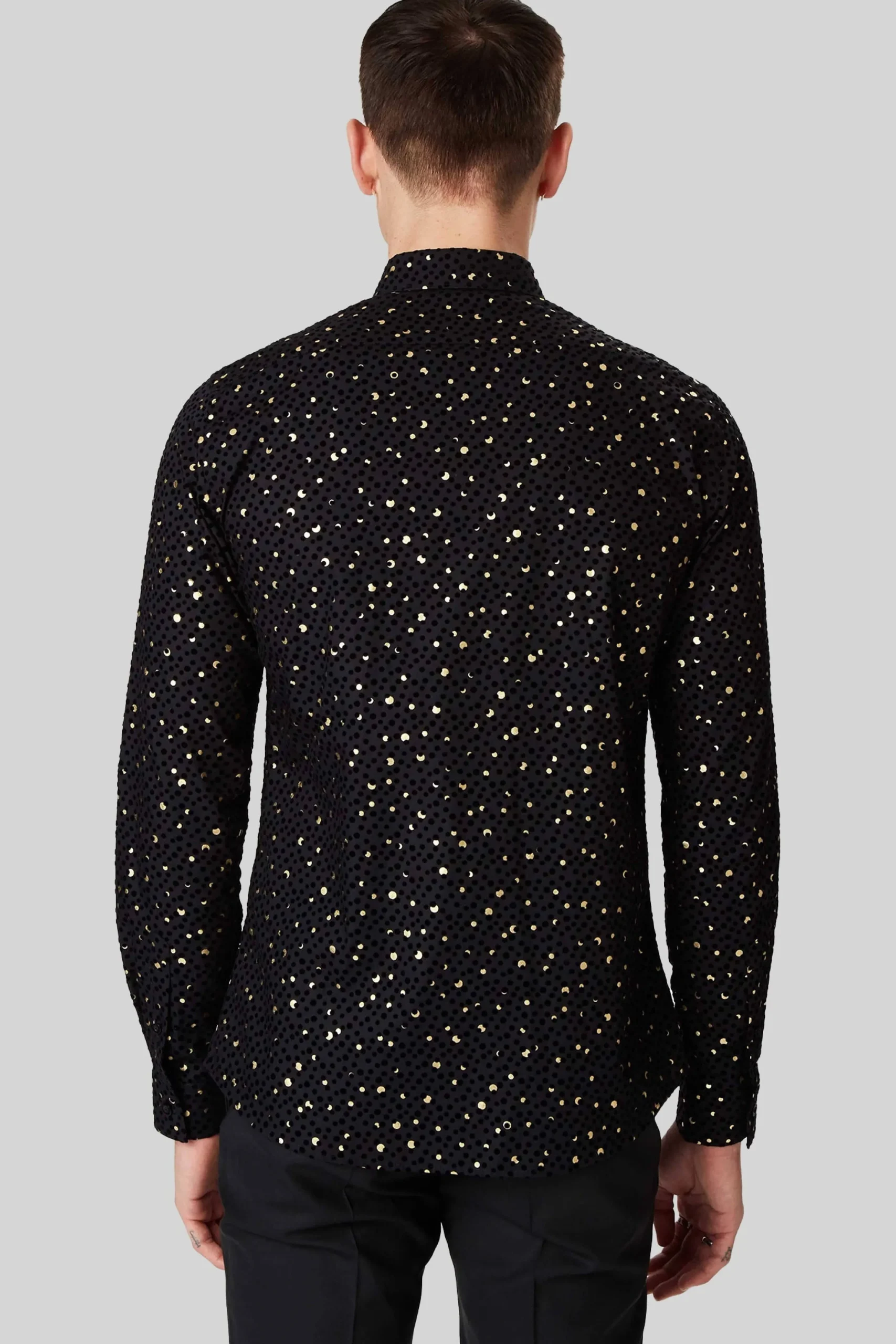 Farrow Black Skinny Fit Shirt With Black And Gold Spot Print