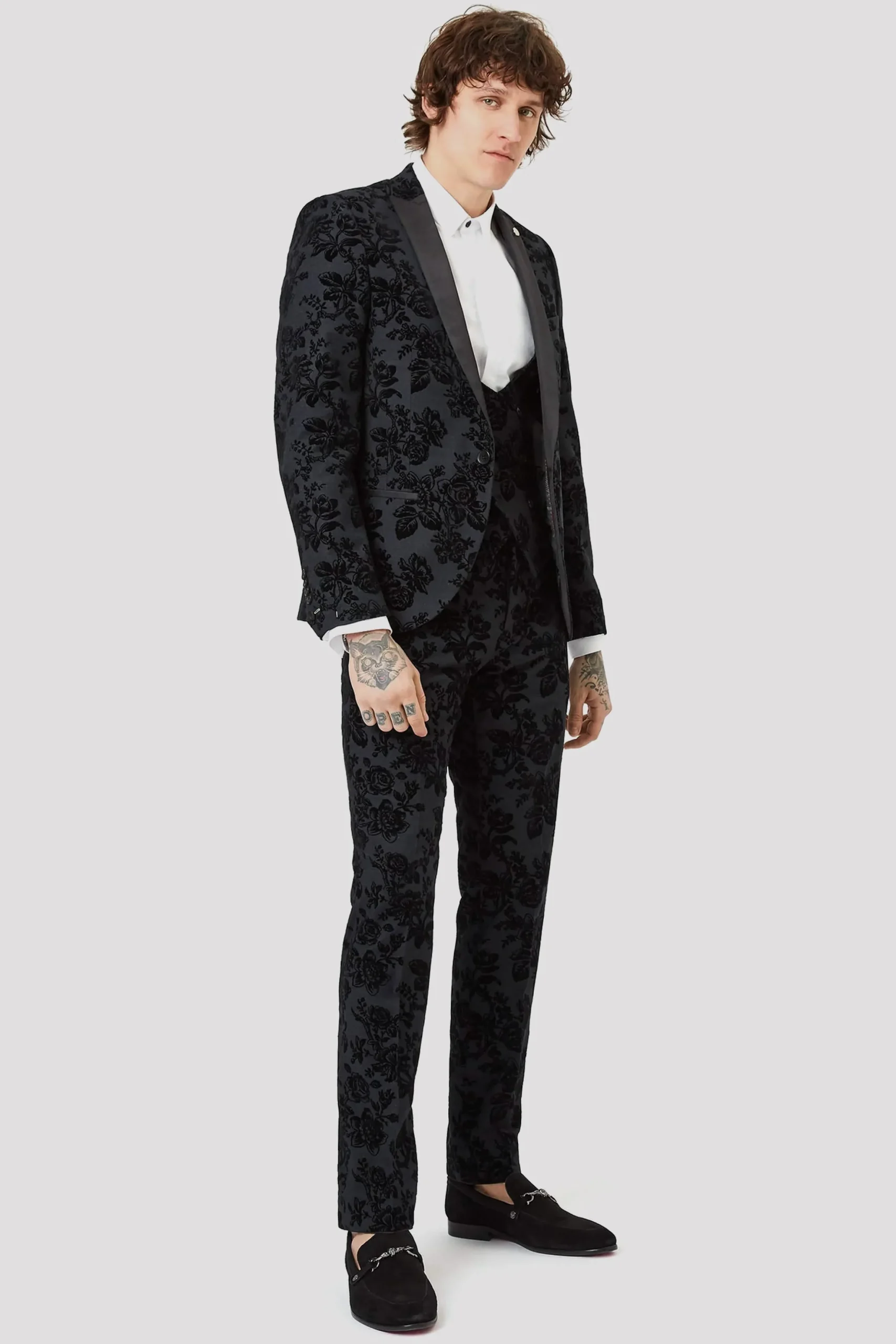 Fleet Skinny Fit Black Floral Tuxedo Suit