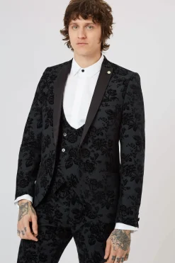 Fleet Skinny Fit Black Floral Tuxedo Jacket