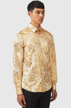 Gaines Slim Fit Champagne Velvet Shirt With Floral Print