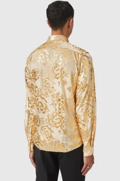 Gaines Slim Fit Champagne Velvet Shirt With Floral Print