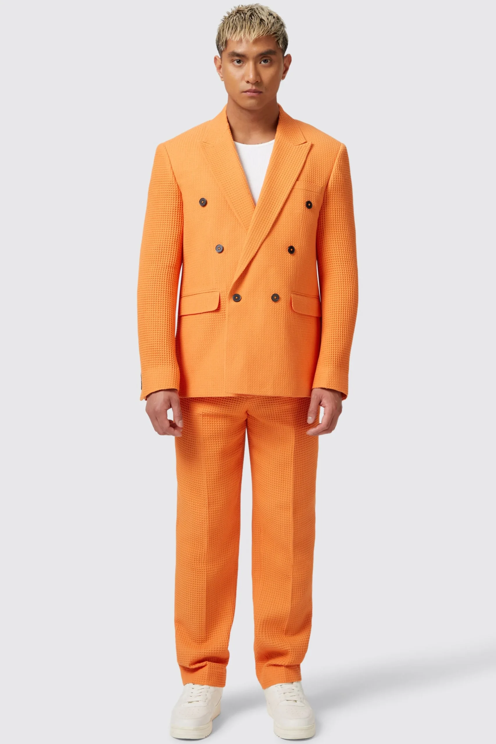 Gaufre Double Breasted Orange Waffle Knit Cotton Jacket