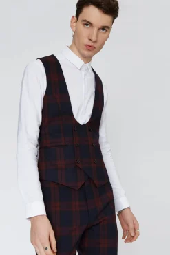 Ginger Skinny Fit Burgundy Tartan Waistcoat