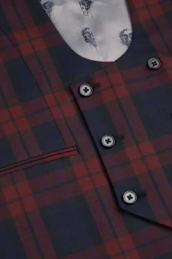 Ginger Skinny Fit Burgundy Tartan Waistcoat