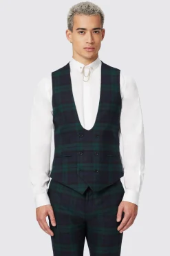 Ginger Skinny Fit Green Tartan Waistcoat