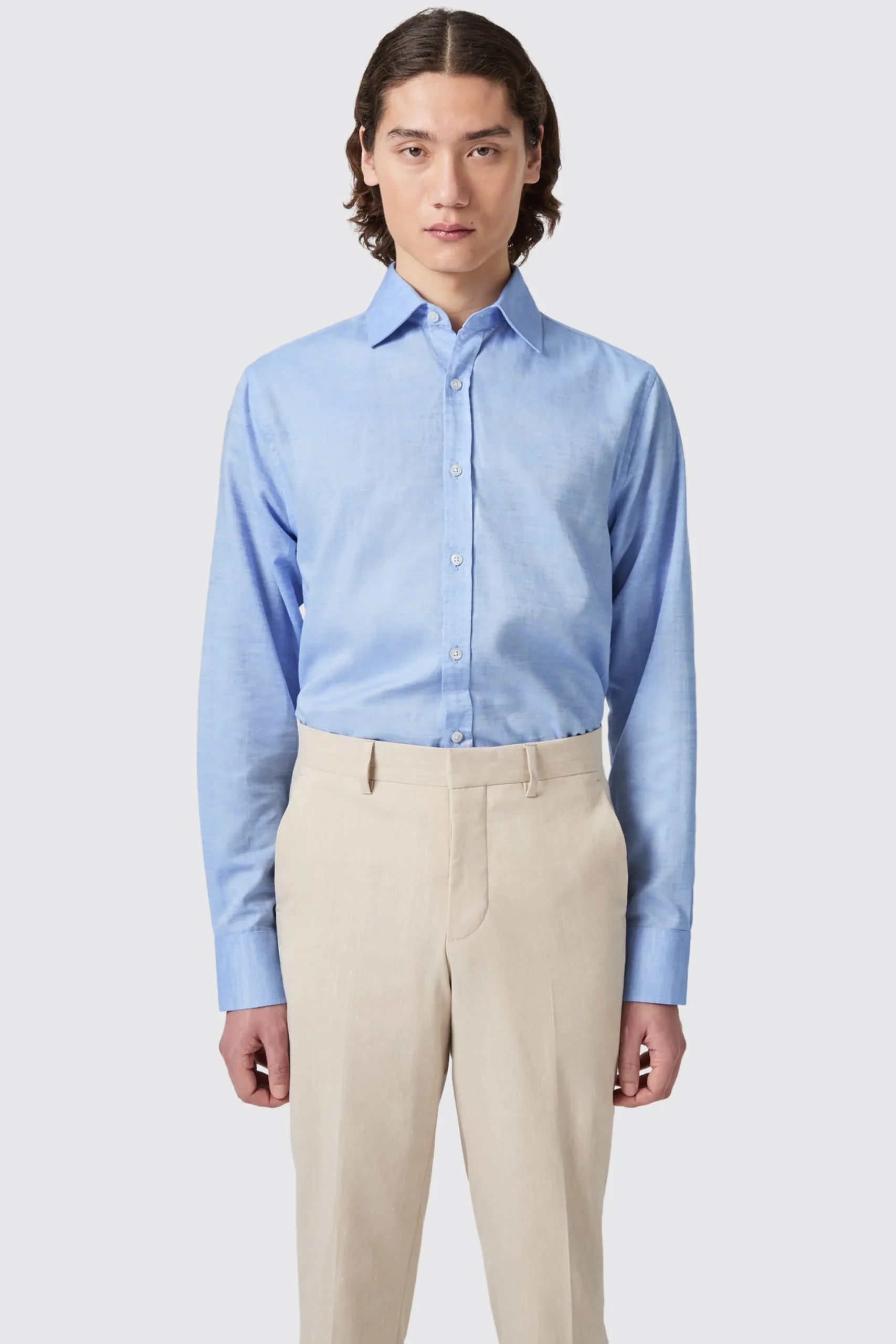 Grafton Slim Fit Spread Collar Blue Linen Shirt