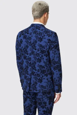 Jackalope Skinny Fit Blue Floral Flocked Jacket