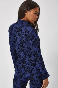 Jackalope Skinny Fit Blue Floral Flocked Suit