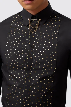 Luizzi Slim Fit Gold Spot Print Black Cotton Shirt