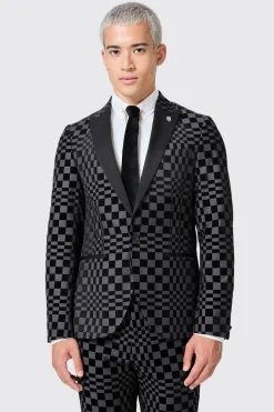 Tiber Skinny Fit Grey Check Tuxedo Jacket